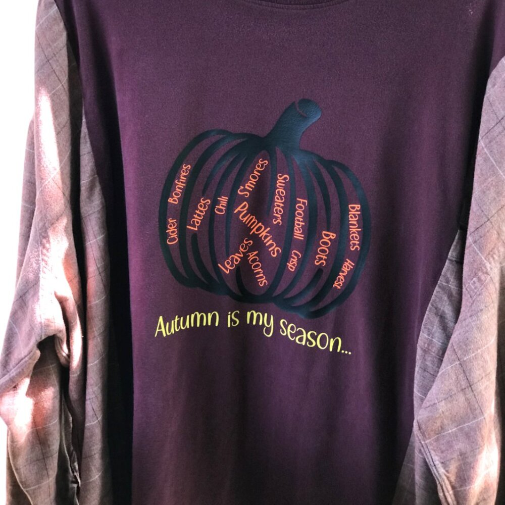 Upcycled Flannel Shirt Oversized Autumn Graphics Spliced Tee Fits XL 2X 3X - Picture 9 of 13
